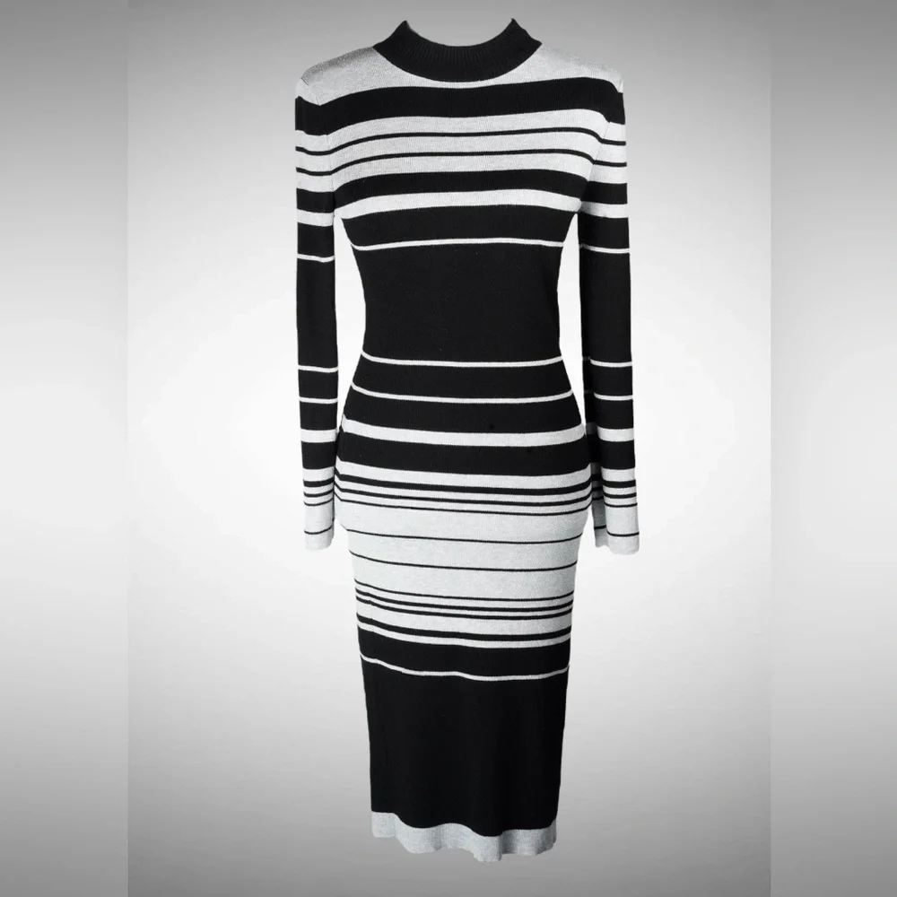 Love Always by FCT Black & Gray Striped Mock-Neck Sweater Midi Dress – Size XL - Picture 4 of 17